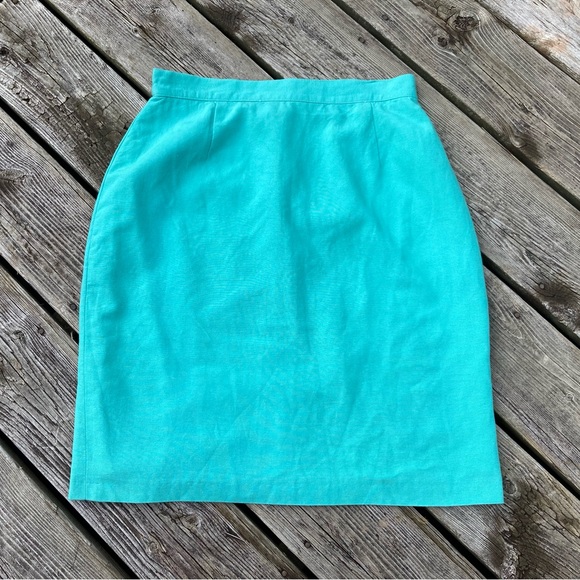 Vintage 80s 90s Turquoise Skirt, Size 28” x 21” or M - L ish, Linen Canvas Miami - Picture 4 of 7